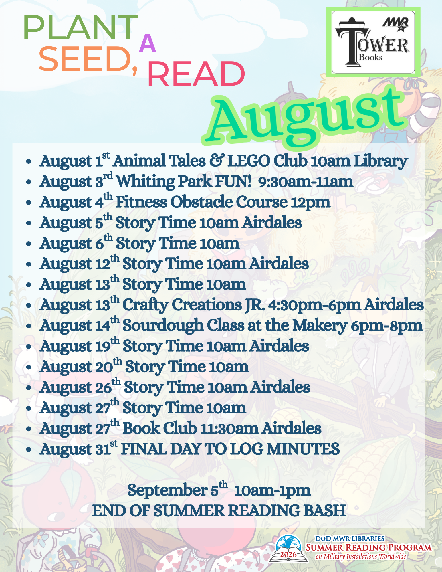 Prominently displayed is a listed calendar of events for August with large letters at the top of the page that read "Plant a seed, read". The background is a faded out farm scene with books and vegetable "people". Includes branding with logos.