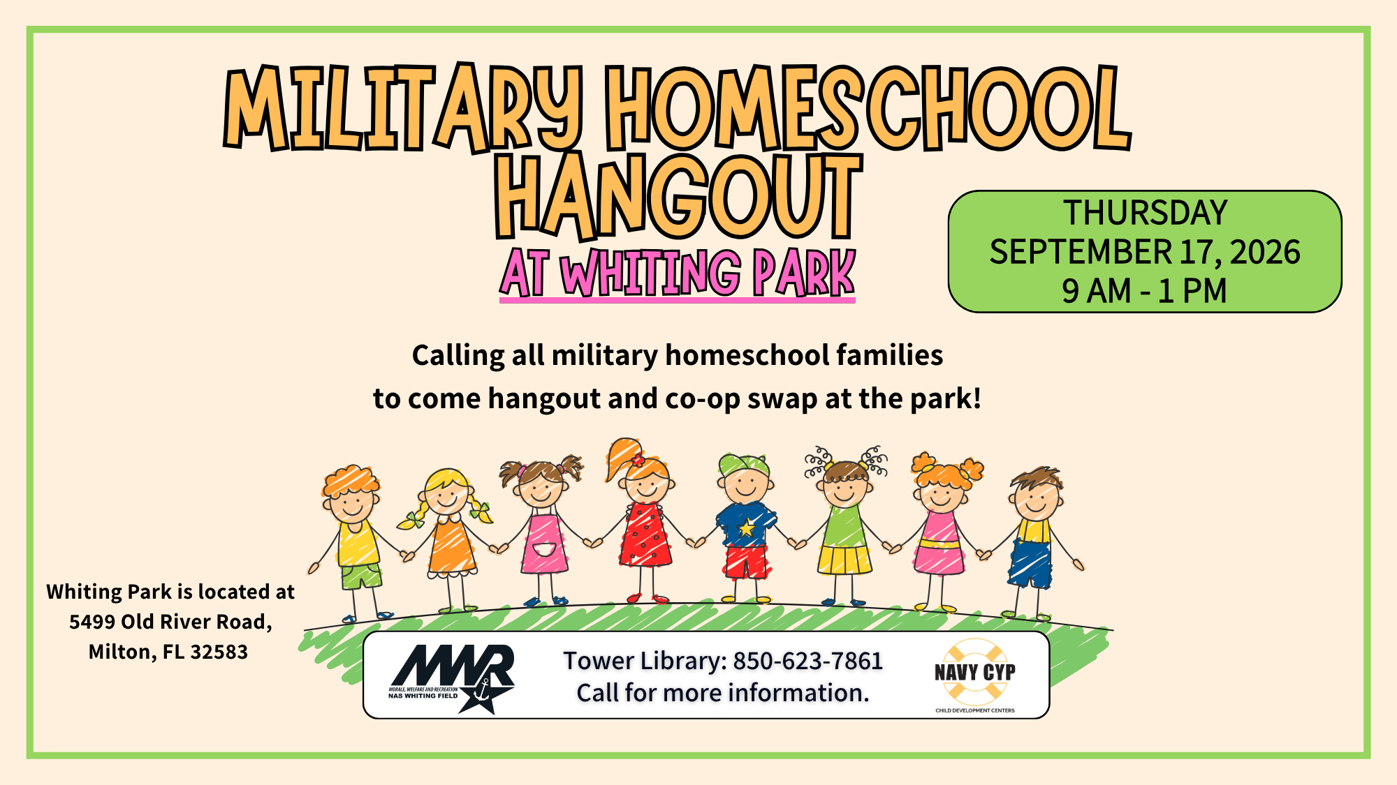 Event promotion for a "Military Homeschool Hangout at Whiting Park" taking place on September 17. Design features clipart drawing of children holding hands. Branding at the bottom.