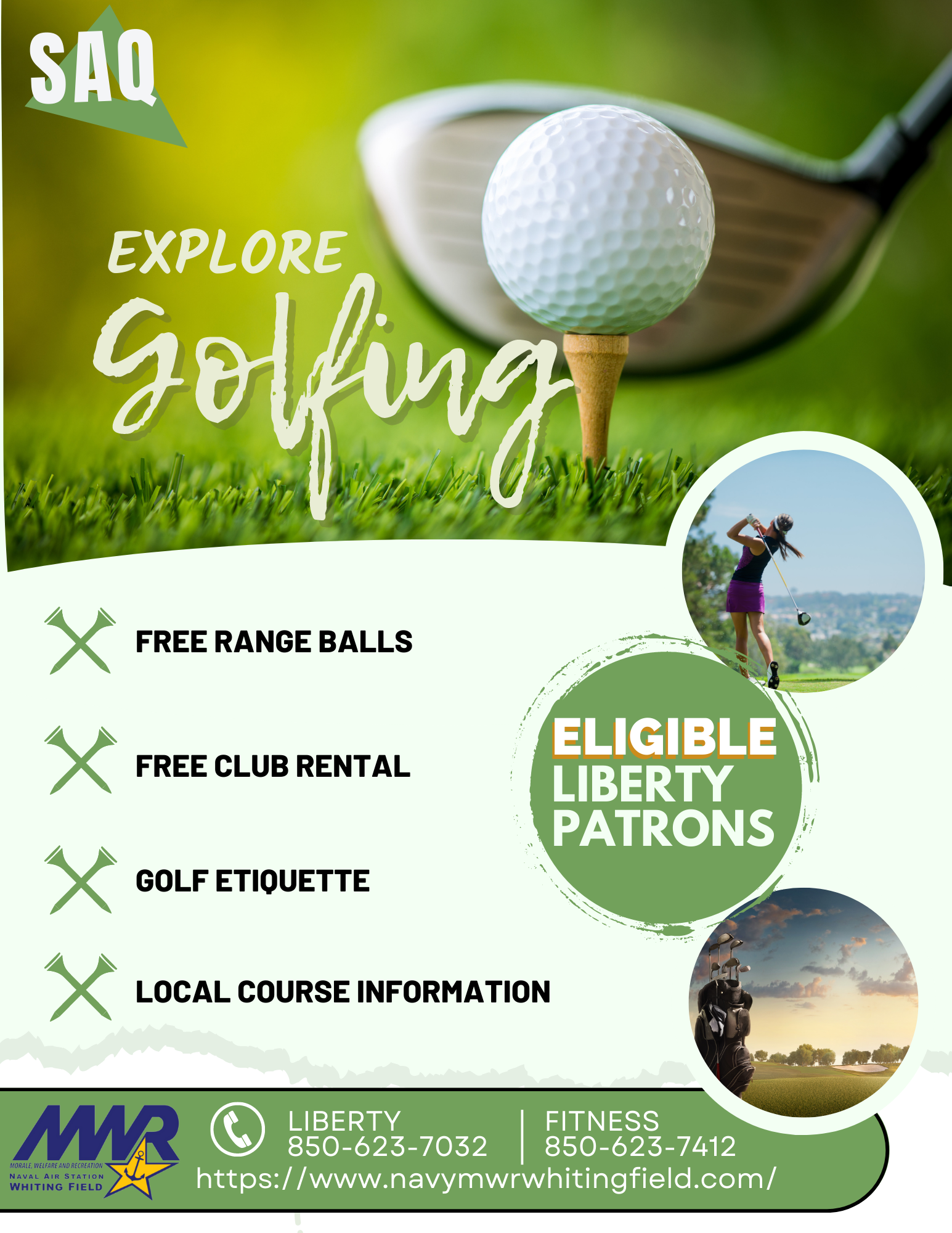 Promotional flyer for "Explore Golfing" featuring a close-up of a golf ball on a tee. Includes offers like free range balls, club rental, and course info. Contains images of a golfer swinging and a sunset. Offers for eligible Liberty patrons with contact details. Promotional flyer for "Explore Golfing" featuring a close-up of a golf ball on a tee. Includes offers like free range balls, club rental, and course info. Contains images of a golfer swinging and a sunset. Offers for eligible Liberty patrons with contact details.