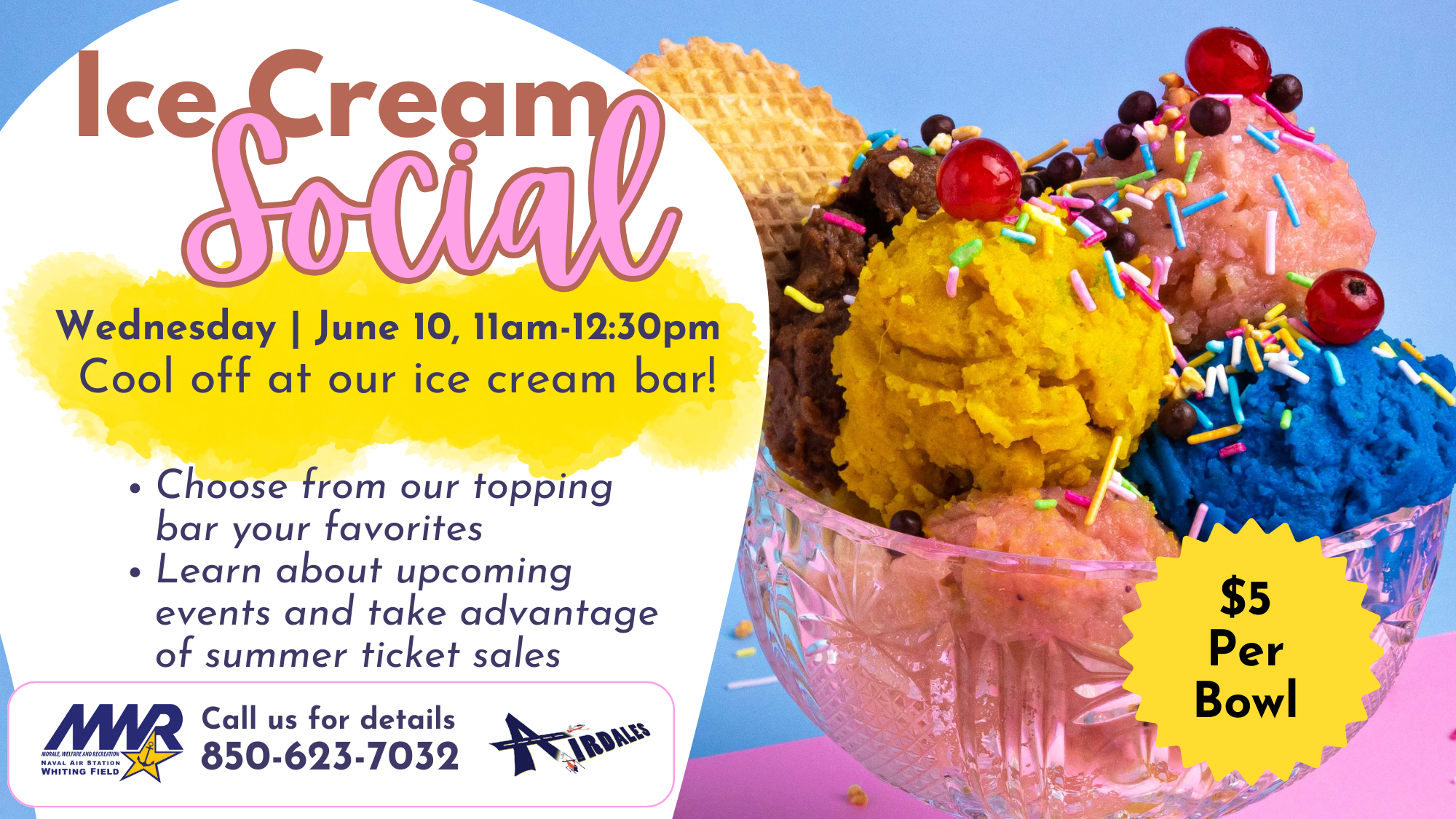 Colorful ice cream social flyer featuring a bowl of multicolored scoops with sprinkles and waffle pieces. Event details for June 10, 11am-12:30pm. $5 per bowl.