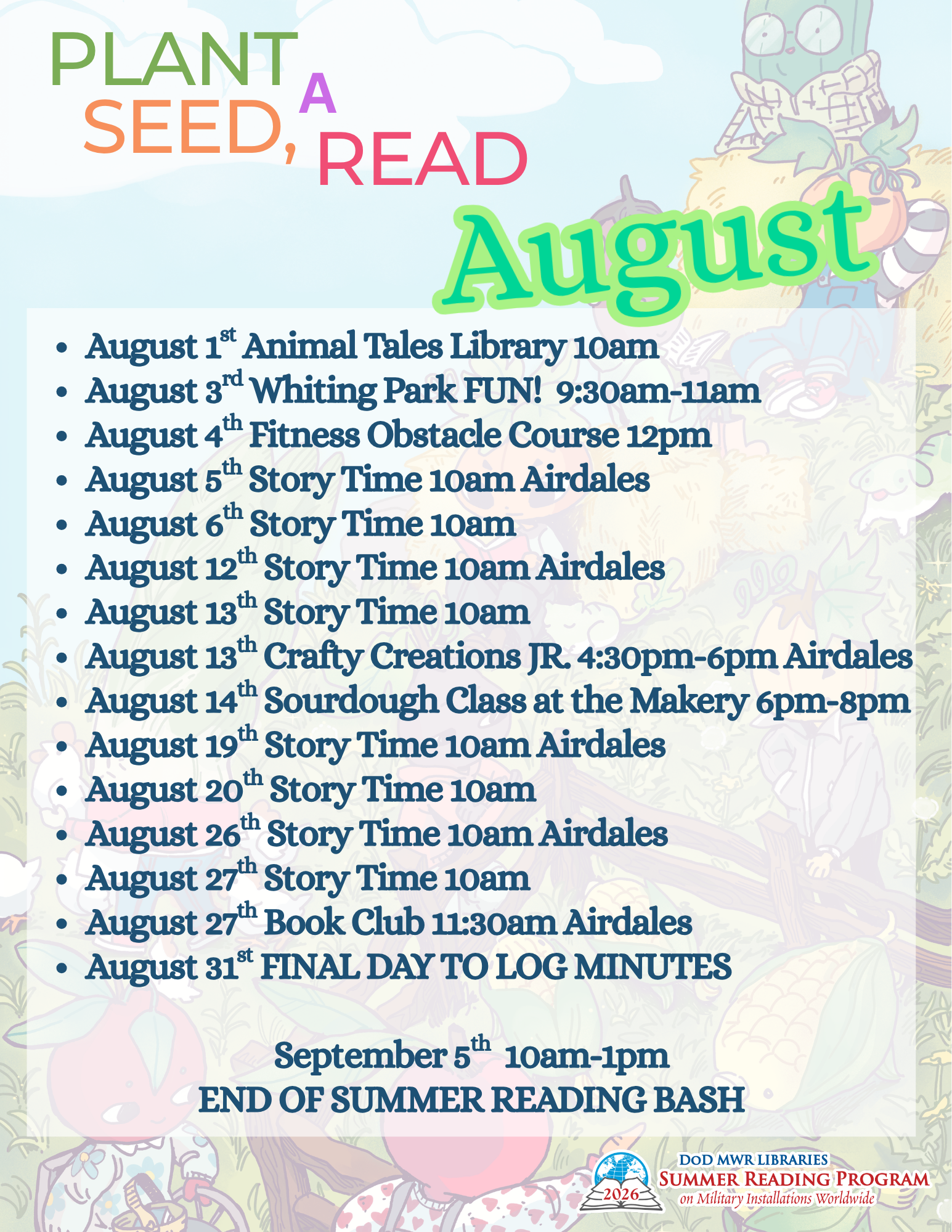 Prominently displayed is a listed calendar of events for August with large letters at the top of the page that read "Plant a seed, read". The background is a faded out farm scene with books and vegetable "people". Includes branding with logos.