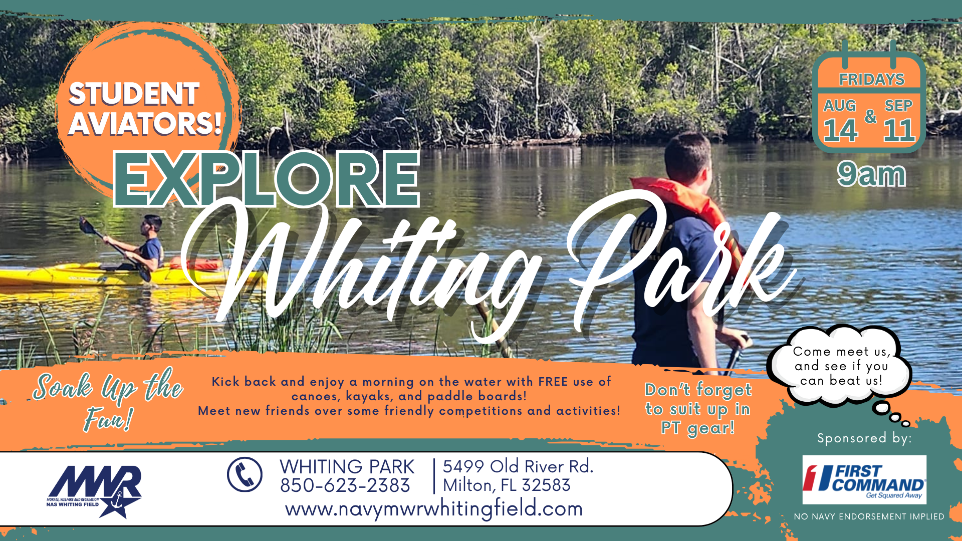 Advertisement for a series of events inviting student aviators to "Explore Whiting Park". Features a photo of a man in a kayak and a man standing on a paddleboard. Featured colors are orange, green and blue. Branding at bottom.