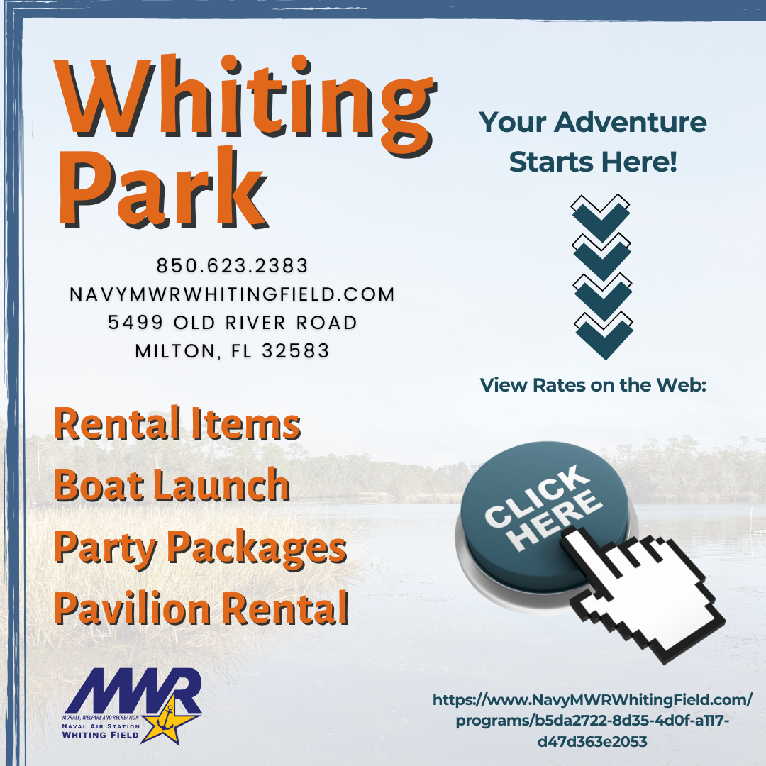 Flyer for Whiting Park with contact info and amenities like rental items, boat launch, and party packages. Features a "Click Here" button and scenic lake image.
