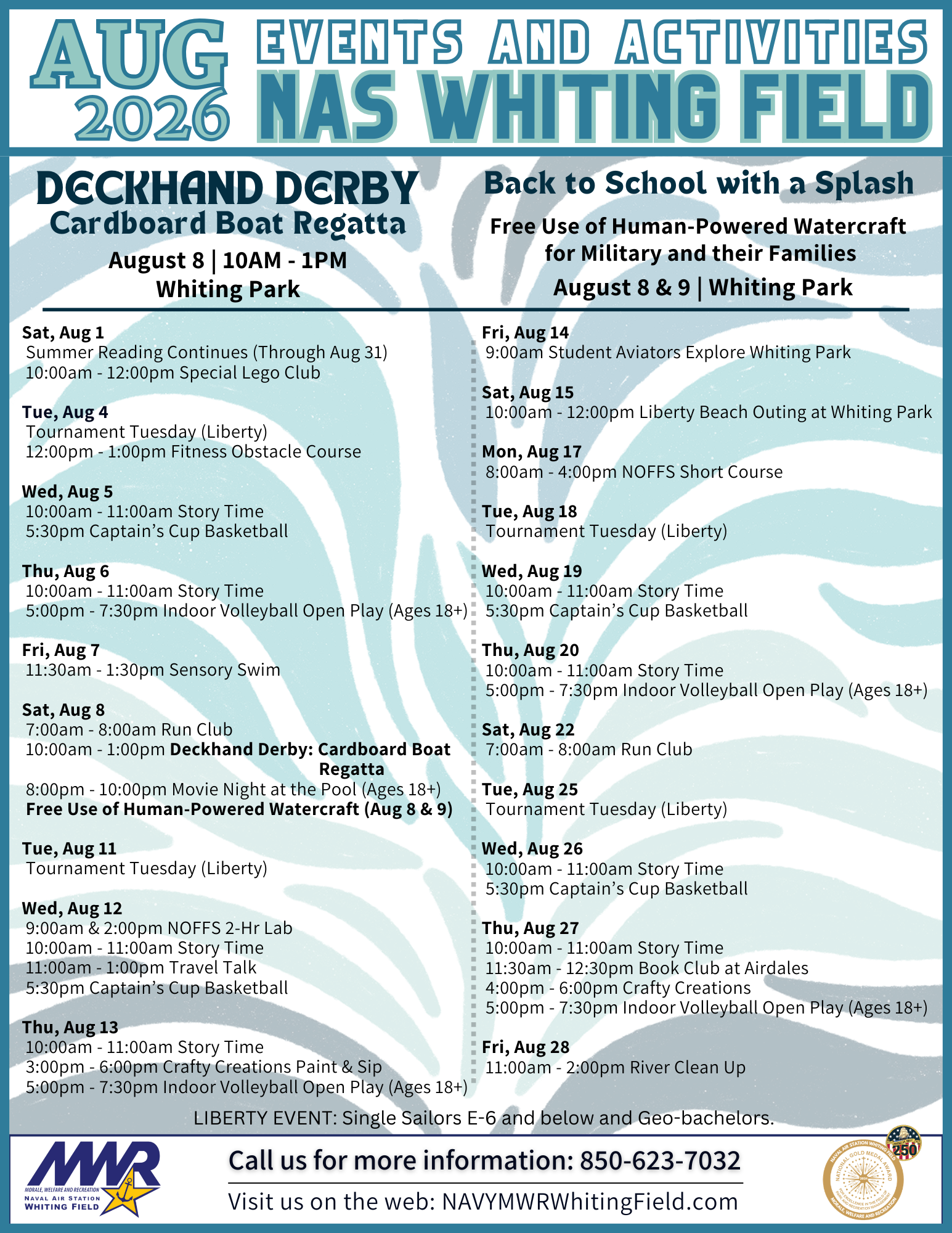 A colorful event poster for NAS Whiting Field's August 2026 activities. Features include a Deckhand Derby Cardboard Boat Regatta on August 8, and a "Back to School with a Splash" event offering free use of watercraft for military families. The calendar lists activities like a Lego club, sensory swim, story time, volleyball, and more. Key events are highlighted with appealing graphics and text. Contact details are provided at the bottom. The tone is inviting and family-friendly.