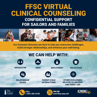 Promotional graphic for Fleet and Family Support Center virtual clinical counseling