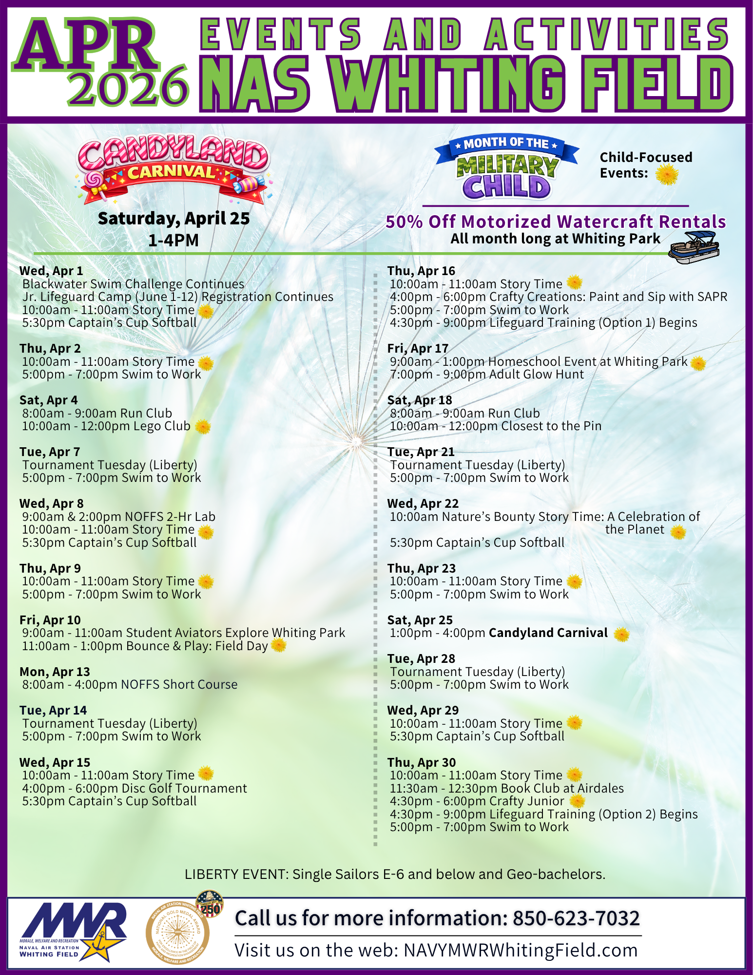 Calendar list of Naval Air Station Whiting Field MWR events taking place in April 2026