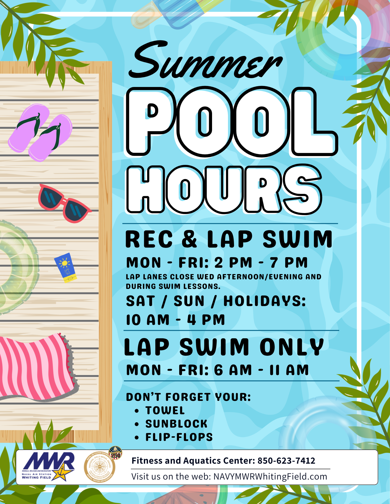 Tropical leaves and pool water background. Text lists "Summer Pool Hours" for "Rec & Lap Swim" and "Lap Swim Only" with branding at the bottom. Tropical leaves and pool water background. Text lists "Summer Pool Hours" for "Rec & Lap Swim" and "Lap Swim Only" with branding at the bottom.