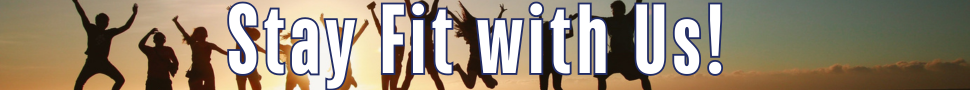 Silhouettes of people joyfully jumping against a sunset backdrop with the text 'Stay Fit with Us!' in bold, conveying energy and motivation.