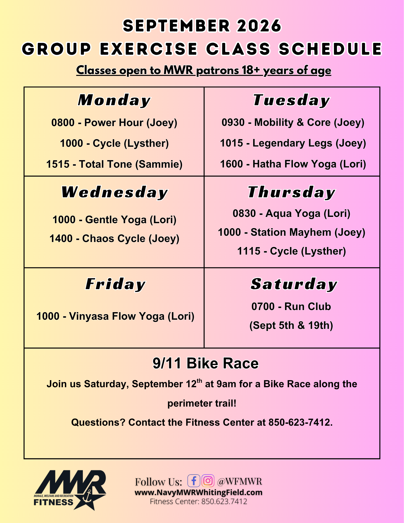 Flyer for September 2026 Group Exercise Schedule