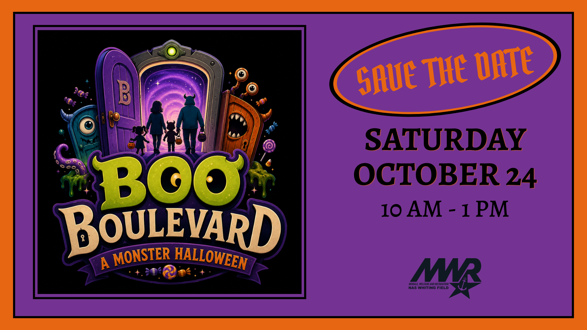Colorful Halloween-themed poster for "Boo Boulevard: A Monster Halloween" on Saturday, October 24, 10 AM-1 PM. Features people entering a door with whimsical monsters.
