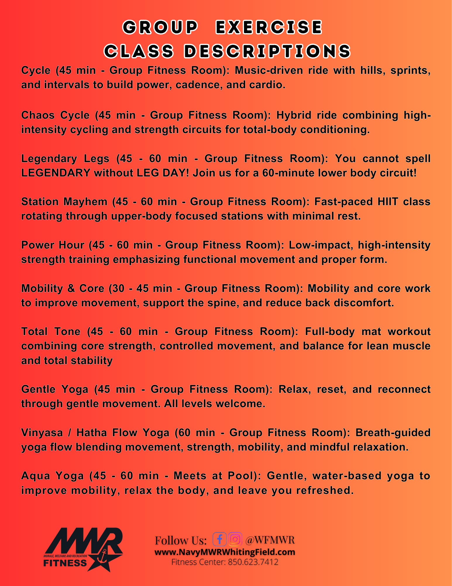 Group exercise class descriptions on an orange gradient background. Includes various fitness classes like cycling and yoga, each with duration and focus. MWR Fitness branding at the bottom.