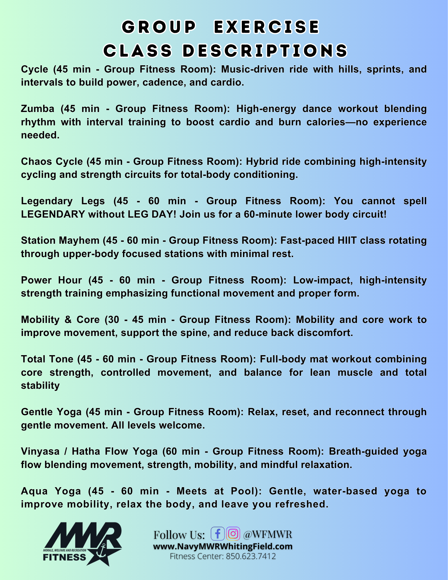 Group exercise class descriptions in black text on a blue green background. Branding at the bottom.