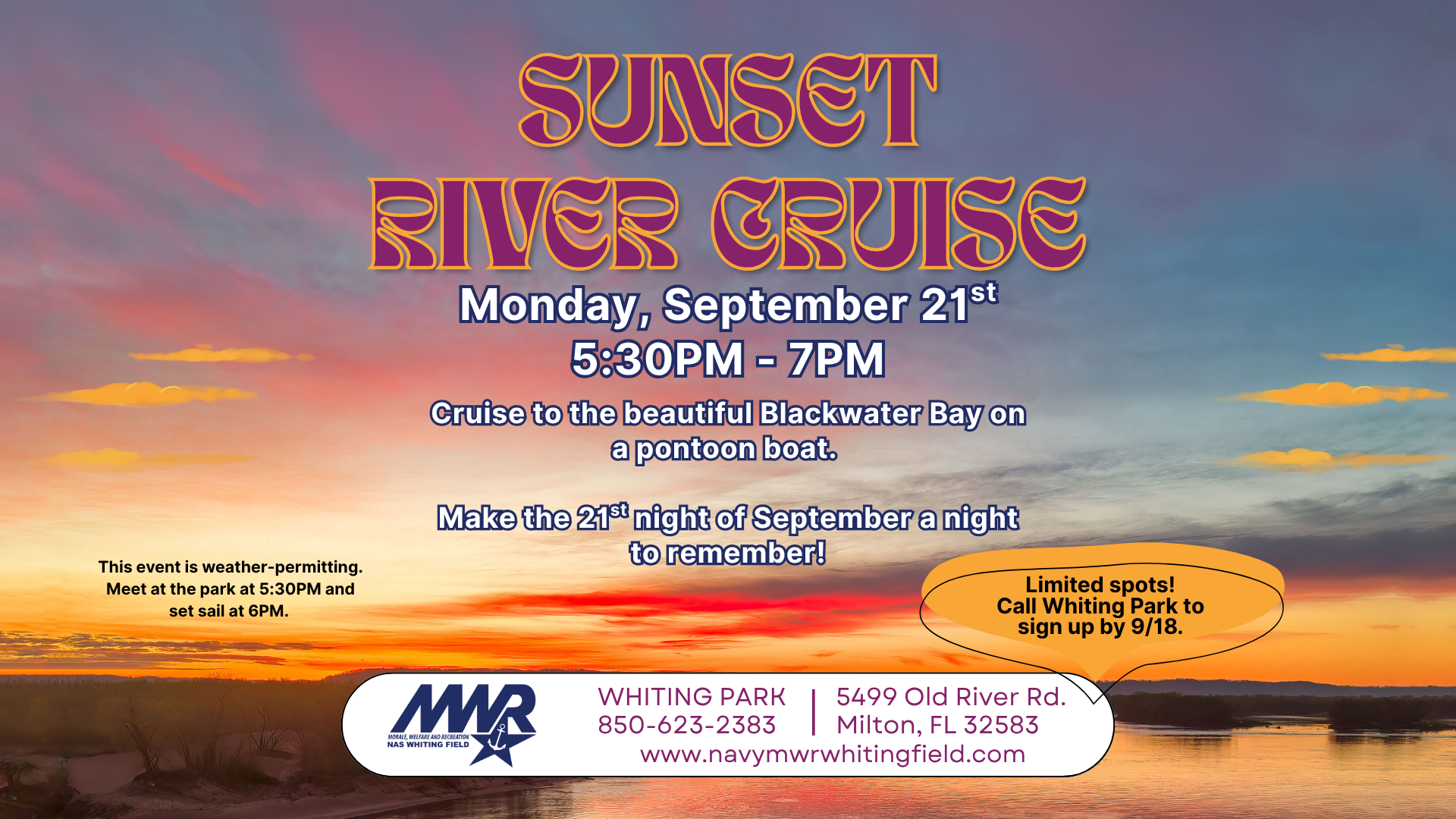 Promotional ad for a "Sunset River Cruise" to the Blackwater Bay.