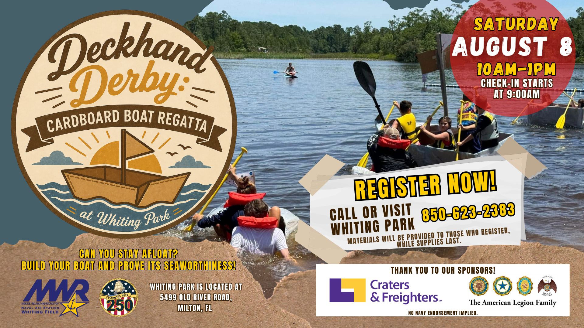 River view of a cardboard boat race called "Deckhand Derby: Cardboard Boat Regatta at Whiting Park". People are in cardboard boats paddling and one of the four boats appears to be sinking. Bottom has strips of brown paper or cardboard with branding on top of it.