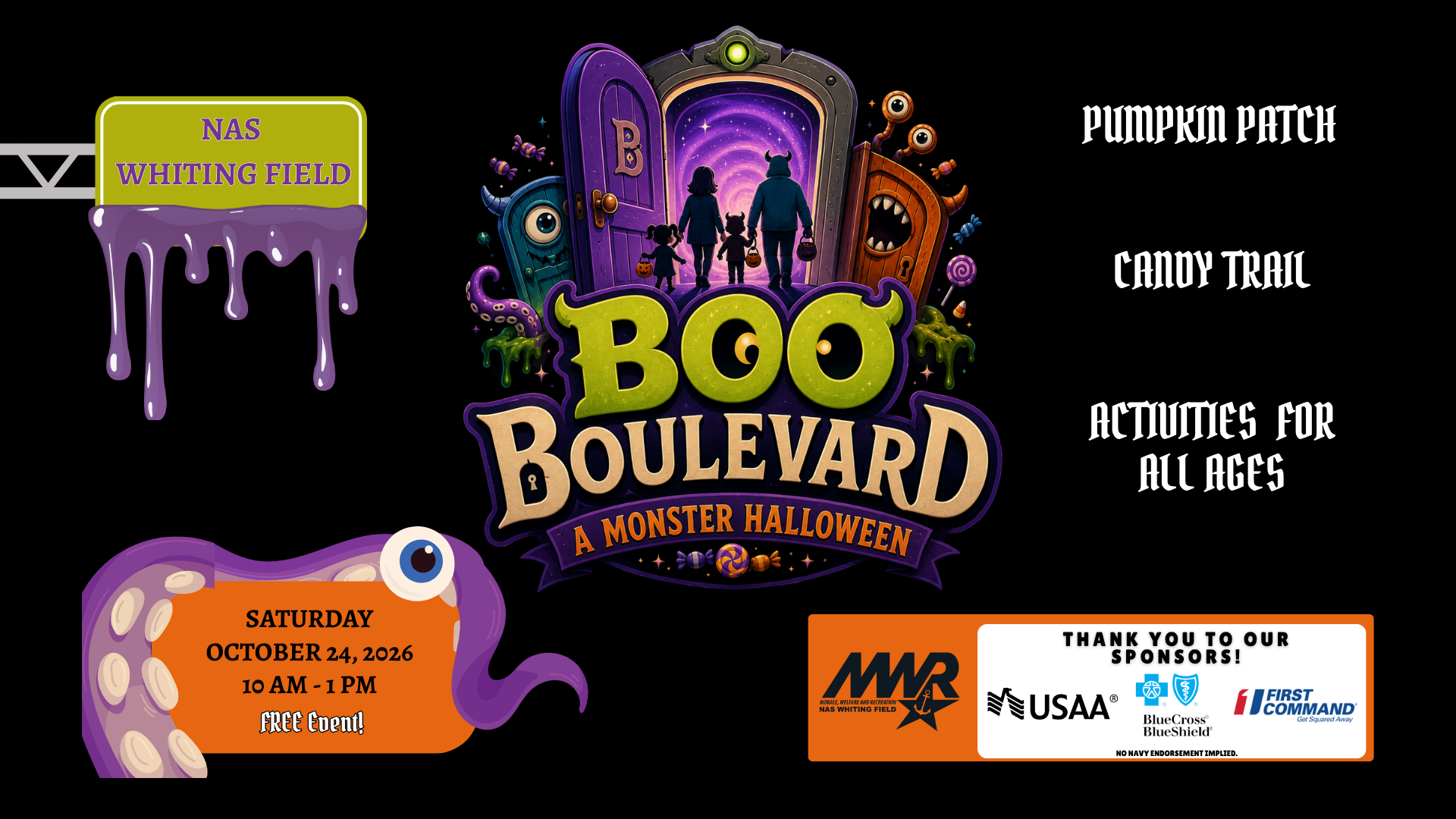 Colorful Halloween-themed poster for "Boo Boulevard: A Monster Halloween" on Saturday, October 24, 10 AM-1 PM. Features people entering a door with whimsical monsters.