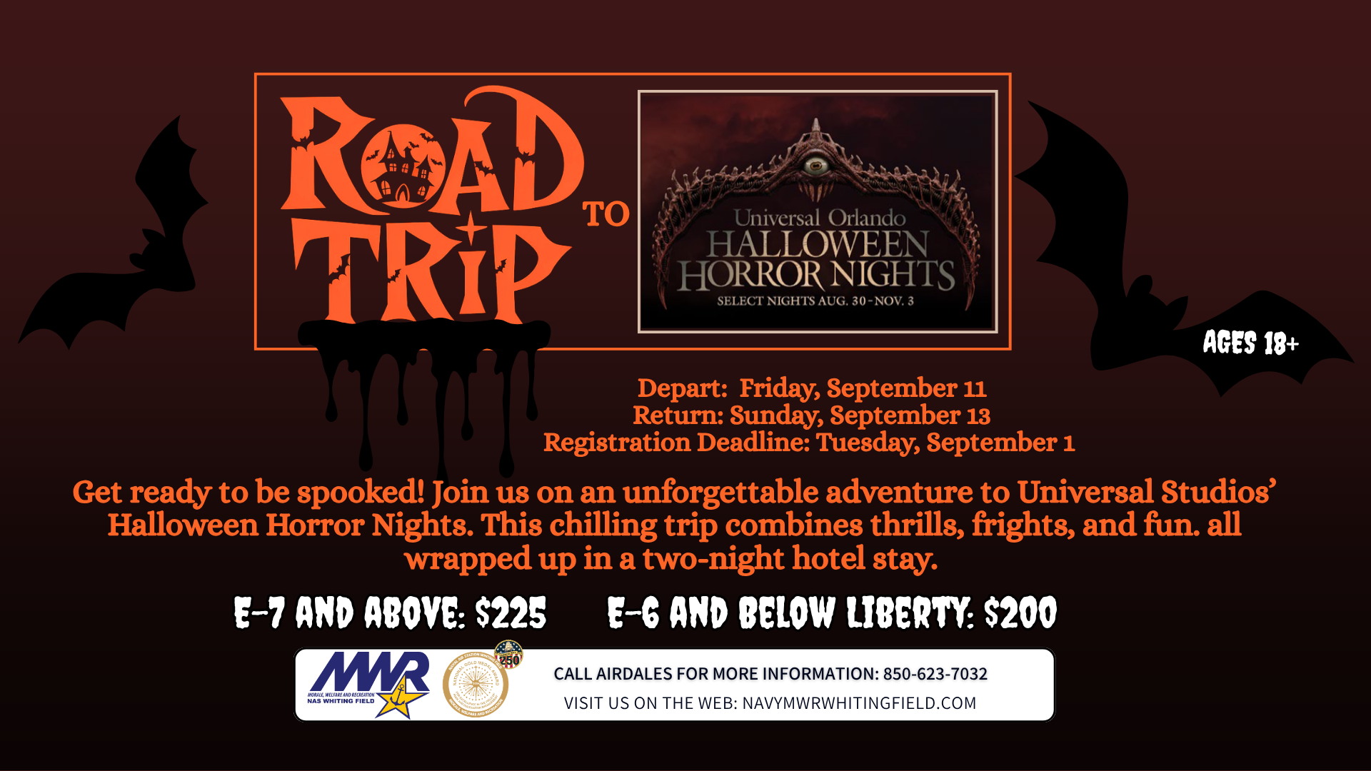 Promotional ad for a trip to Halloween Horror Nights at Universal Studios. Ad has a spooky feel with dark shading and clipart of bats. Branding at the bottom.