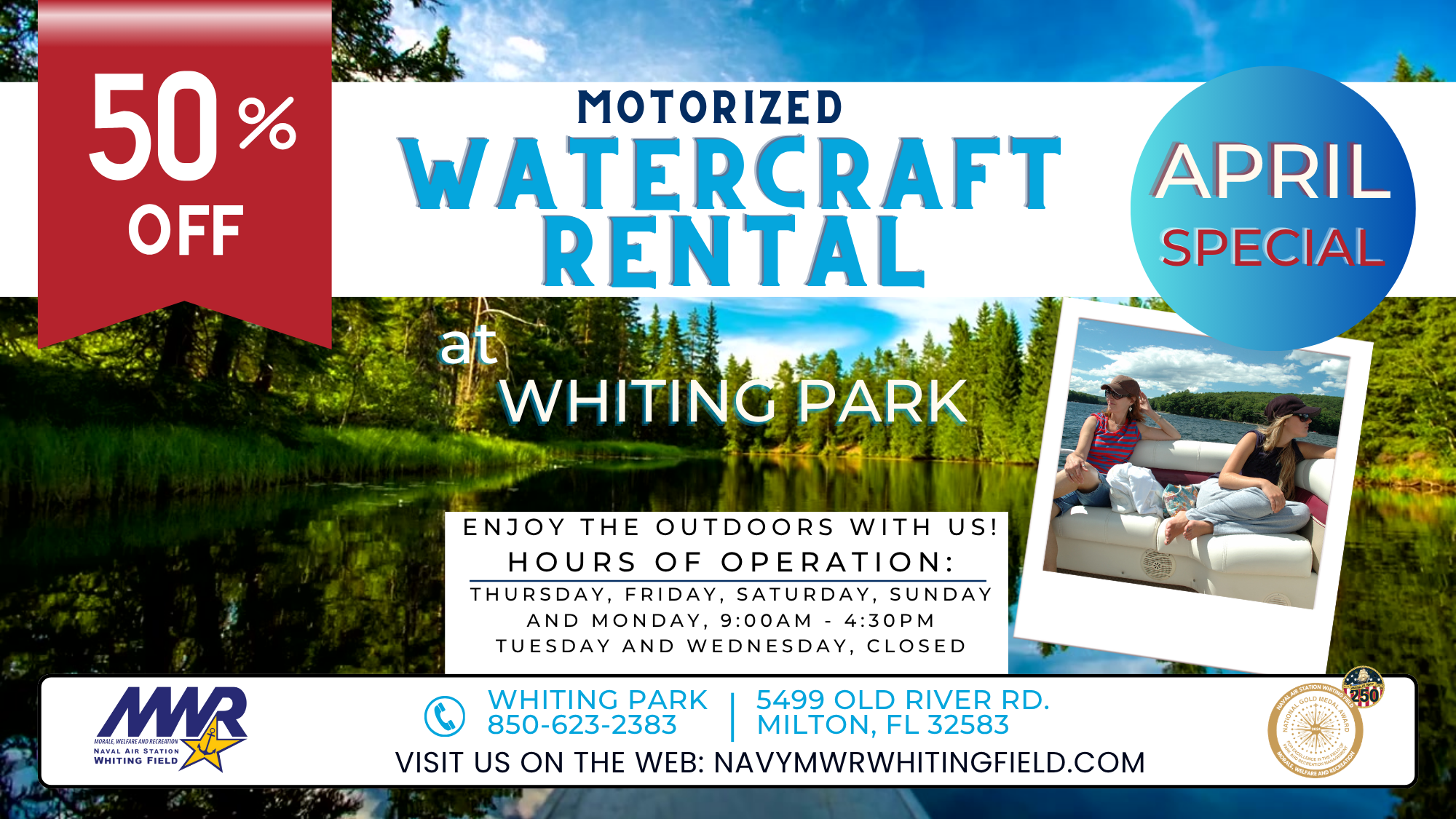 Promotional flyer for Whiting Park motorized watercraft rentals featuring a scenic lake and tree-lined shoreline. Text reads “50% Off Motorized Watercraft Rental at Whiting Park” with an “April Special” badge. Includes a photo of two people relaxing on a boat. Hours of operation listed: Thursday, Friday, Saturday, Sunday, and Monday 9:00 AM–4:30 PM; closed Tuesday and Wednesday. Contact information and website included at the bottom.