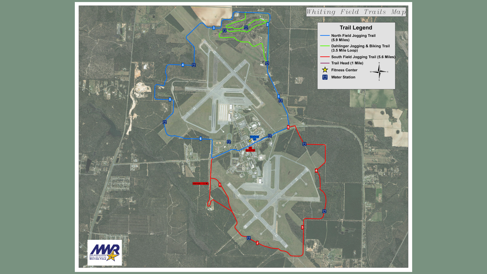 Aerial map of Whiting Field showing jogging trails: blue (5.9 miles), green (3.5 miles), and red (5.6 miles). Legend includes a fitness center and water stations.