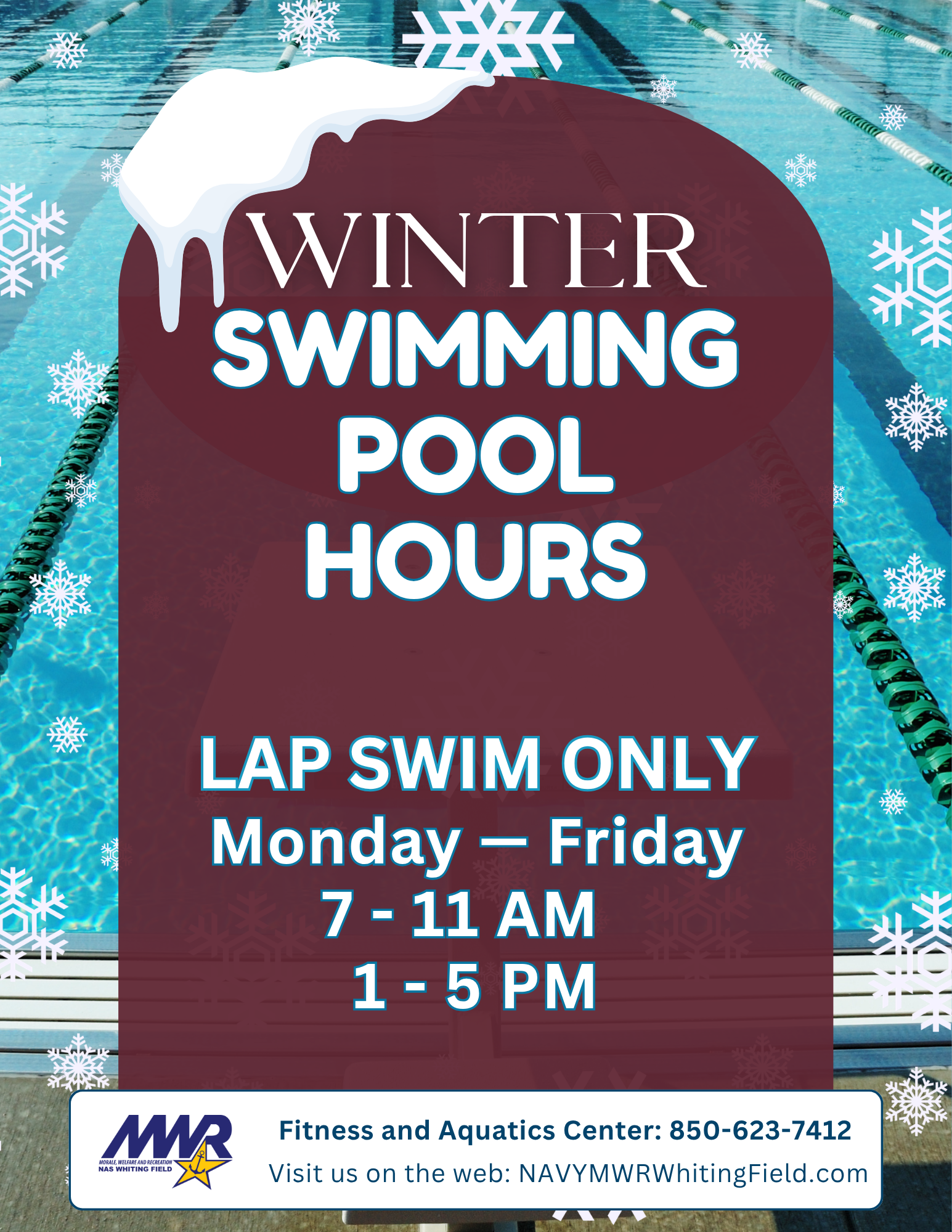 Graphic for Winter Swimming Pool Hours. Features a swimming pool in the background with clipart snowflakes and snow.