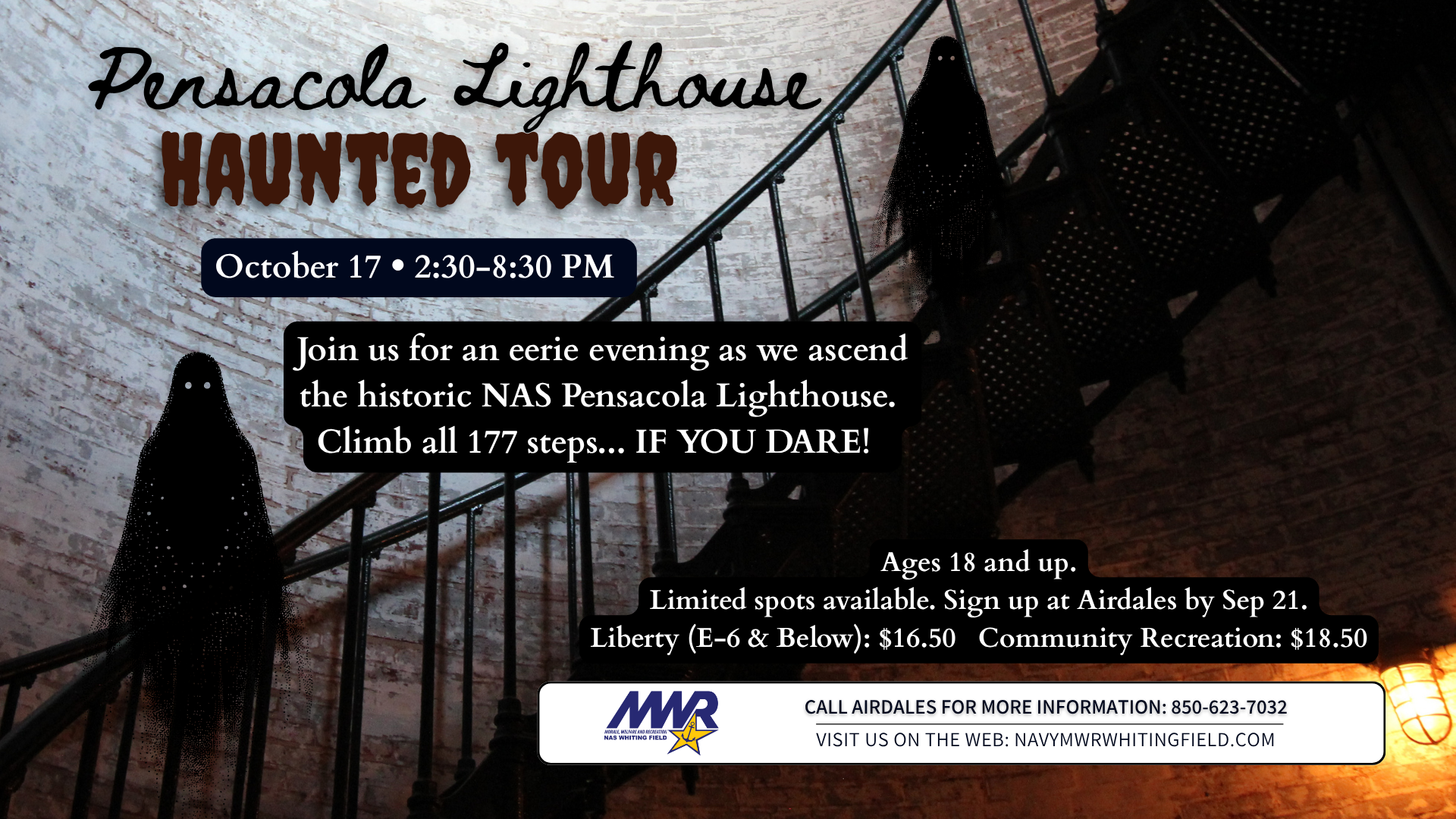 Promotional ad for a haunted lighthouse tour. Dark shadowy figures lurk in the graphic. Branding at the bottom.