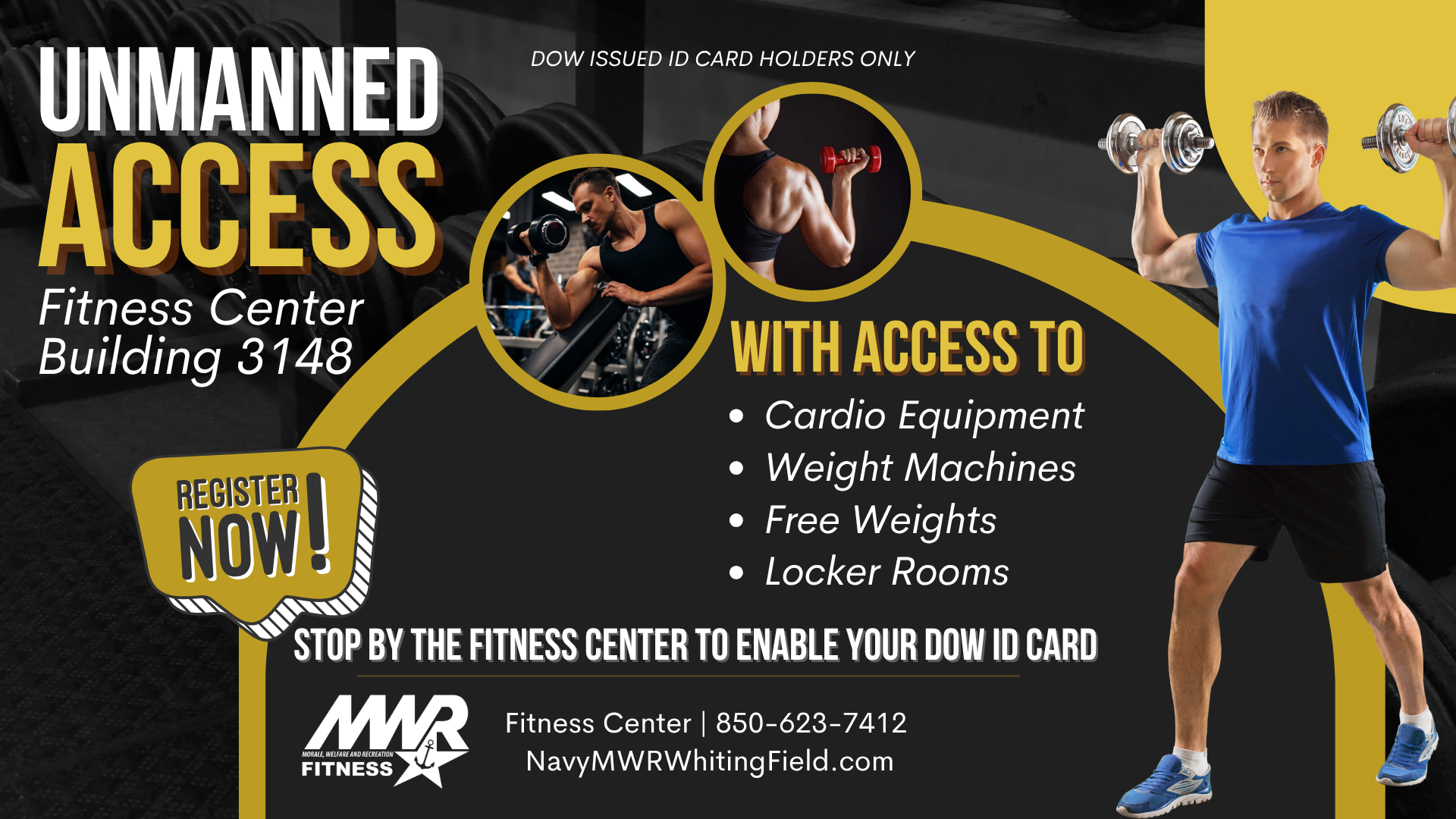 Images of people working out. Text promotes signing up for unmanned access to a Fitness Center. Branding at bottom.