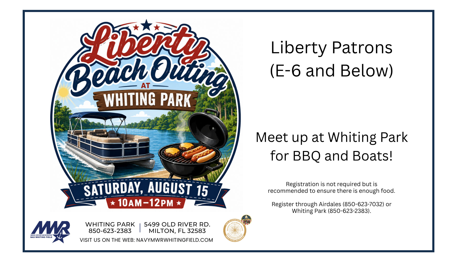 A "Liberty Beach Outing at Whiting Park" event graphic with a pontoon boat on the water, a grill with burgers and hot dogs, and text indicating "Saturday, August 15, 10 AM - 12 PM." Branding at the bottom.