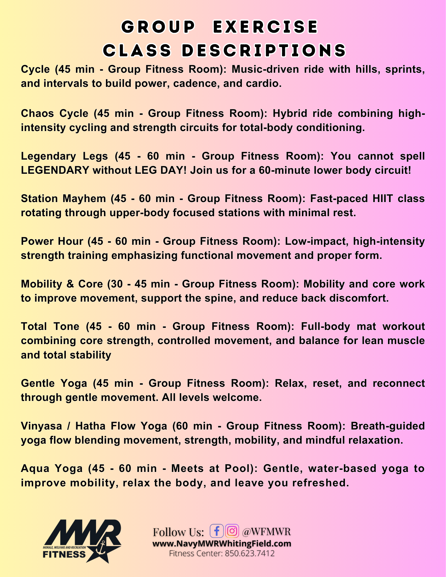 Flyer for September 2026 Group Exercise Class Descriptions