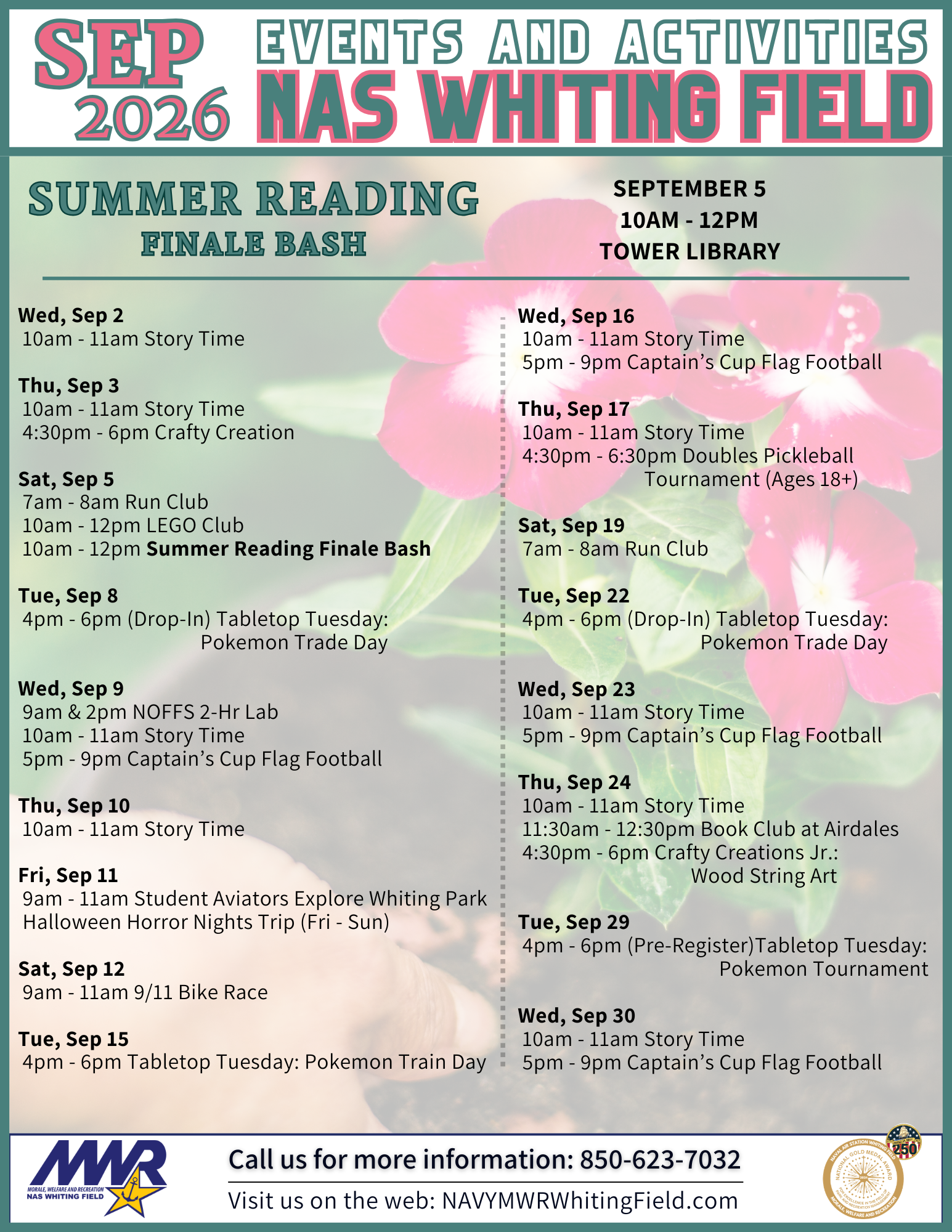 Flyer for NAS Whiting Field's September 2026 events and activities. Text features a Summer Reading Finale Bash on September 5. Background image is of hands in soil, planting a pink flower. Contact details are provided at the bottom.