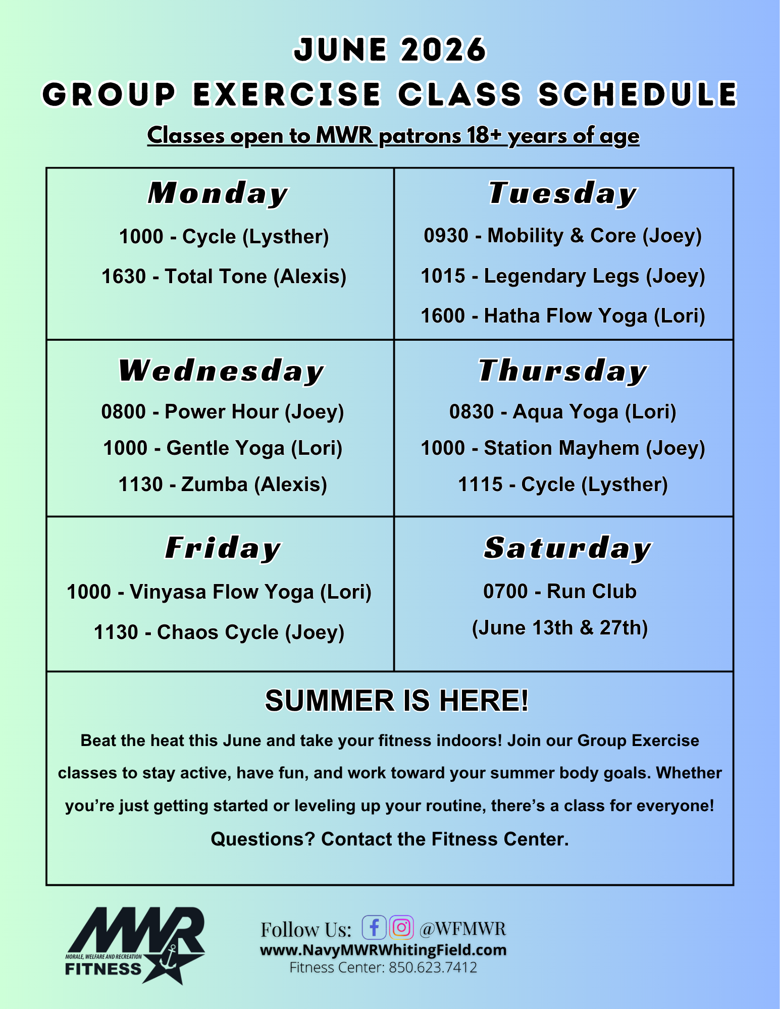June 2026 group exercise schedule. Classes include yoga, cycling, and Zumba. Sessions run Monday to Saturday. Contact details at bottom. June 2026 group exercise schedule. Classes include yoga, cycling, and Zumba. Sessions run Monday to Saturday. Contact details at bottom.