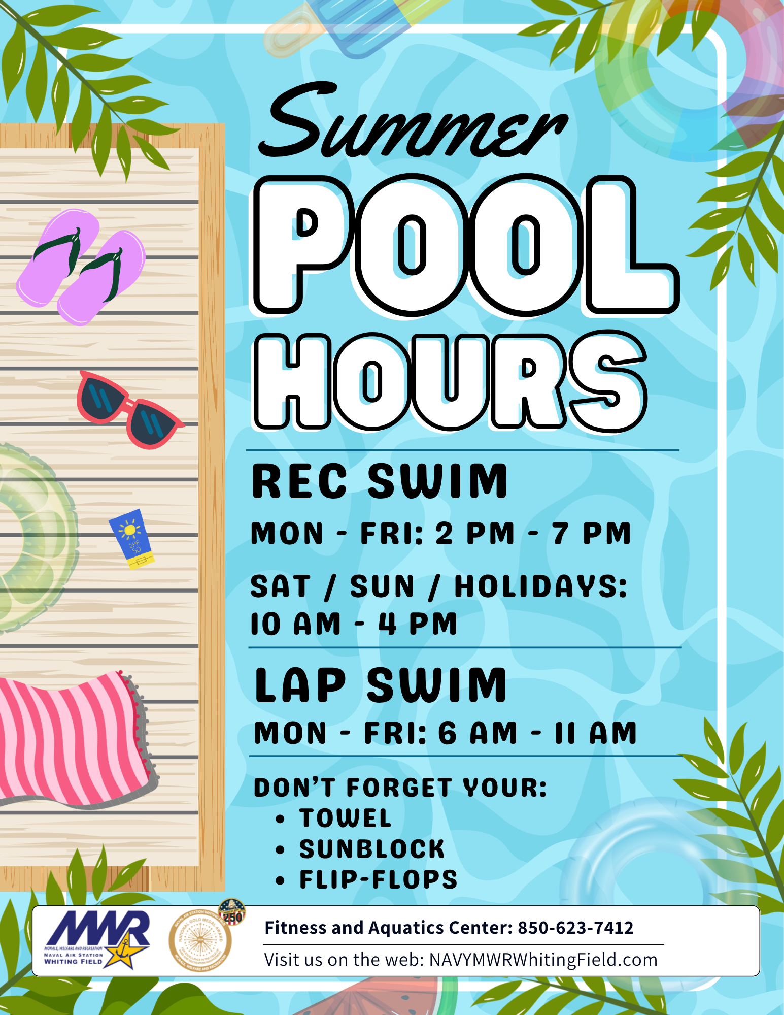 Tropical leaves and pool water background. Text lists "Summer Pool Hours" for "Rec Swim" and "Lap Swim" with branding at the bottom.