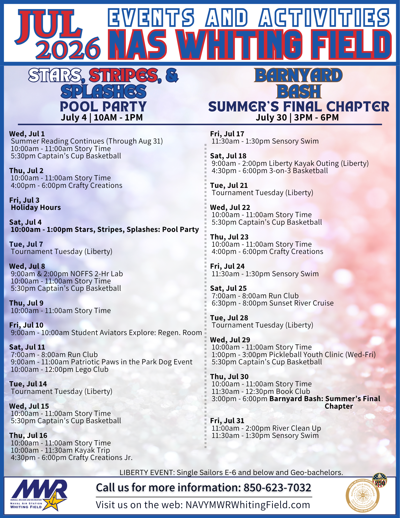 Calendar List of Events for July 2026 with branding and contact information at the footer. Patriotic color theme. Background is faded red and blue and sparkly.
