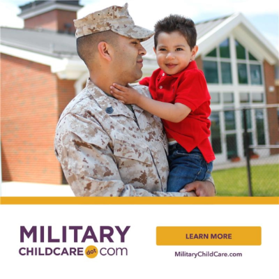 A soldier in camo holds a smiling child in a red shirt outside a building. The image promotes MilitaryChildCare.com, conveying family support and care.