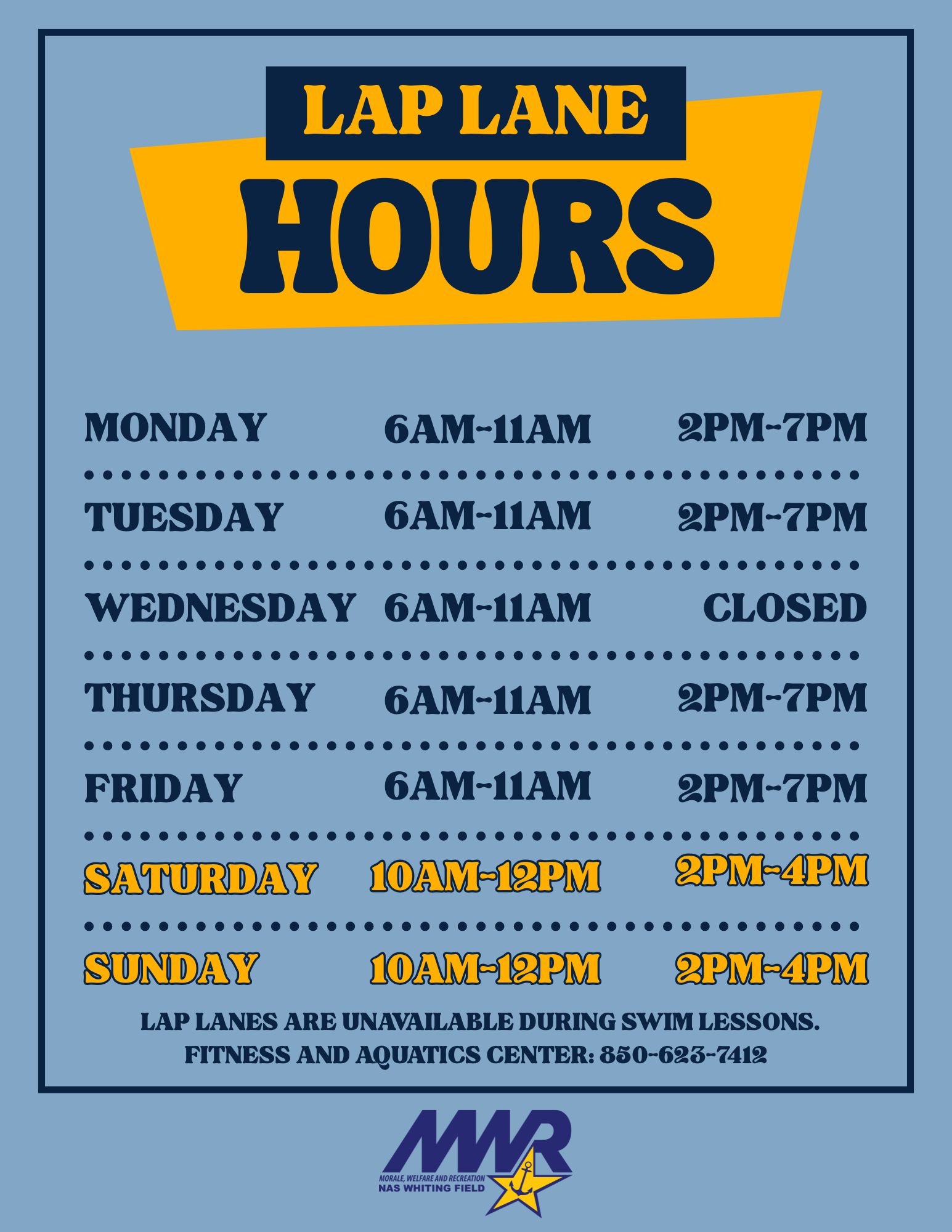 Flyer showing hours of summer lap swim. Bold font is used in yellow and blue on a light blue background. Contact information and branding at the bottom. Flyer showing hours of summer lap swim. Bold font is used in yellow and blue on a light blue background. Contact information and branding at the bottom.