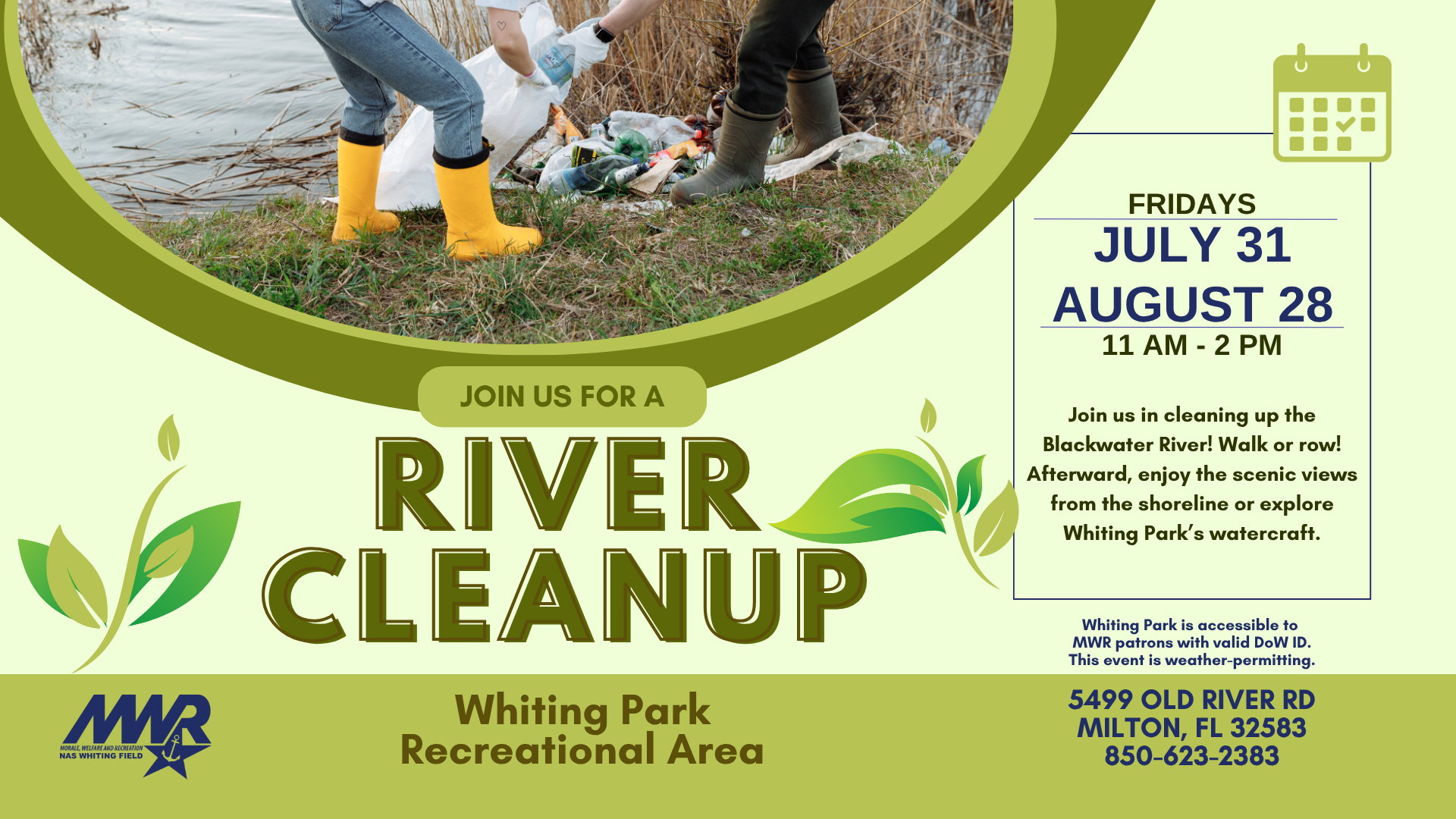 Flyer for a River Cleanup event at Whiting Park. Features people cleaning a riverbank, date and time details, and contact information included.
