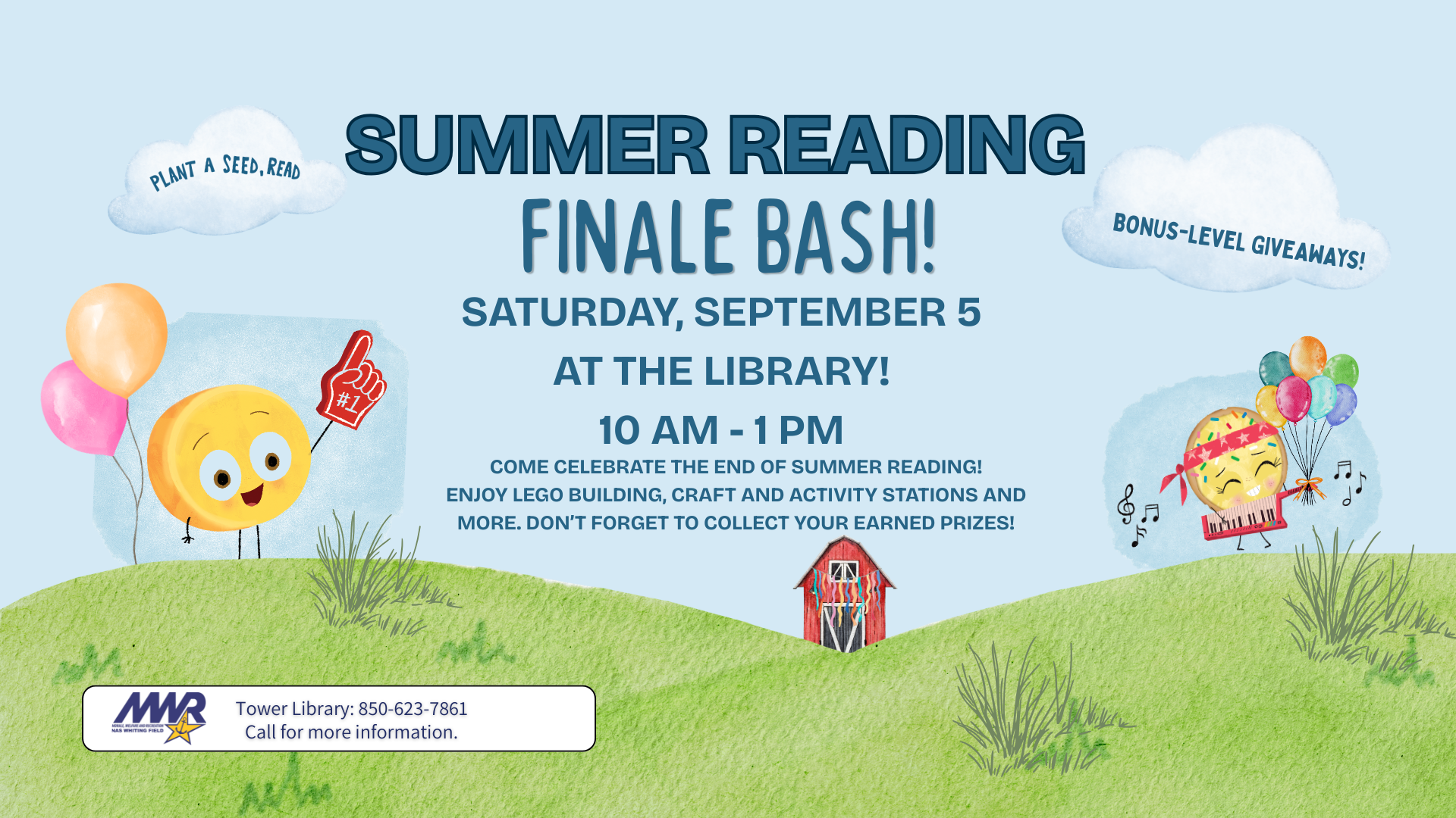 Promotional ad for a "Summer Reading Finale Bash" taking place at the Tower Library on September 5. The design has a cartoon-like outdoor setting with a red barn off in the distance, two characters with balloons, and branding and contact information at the bottom.