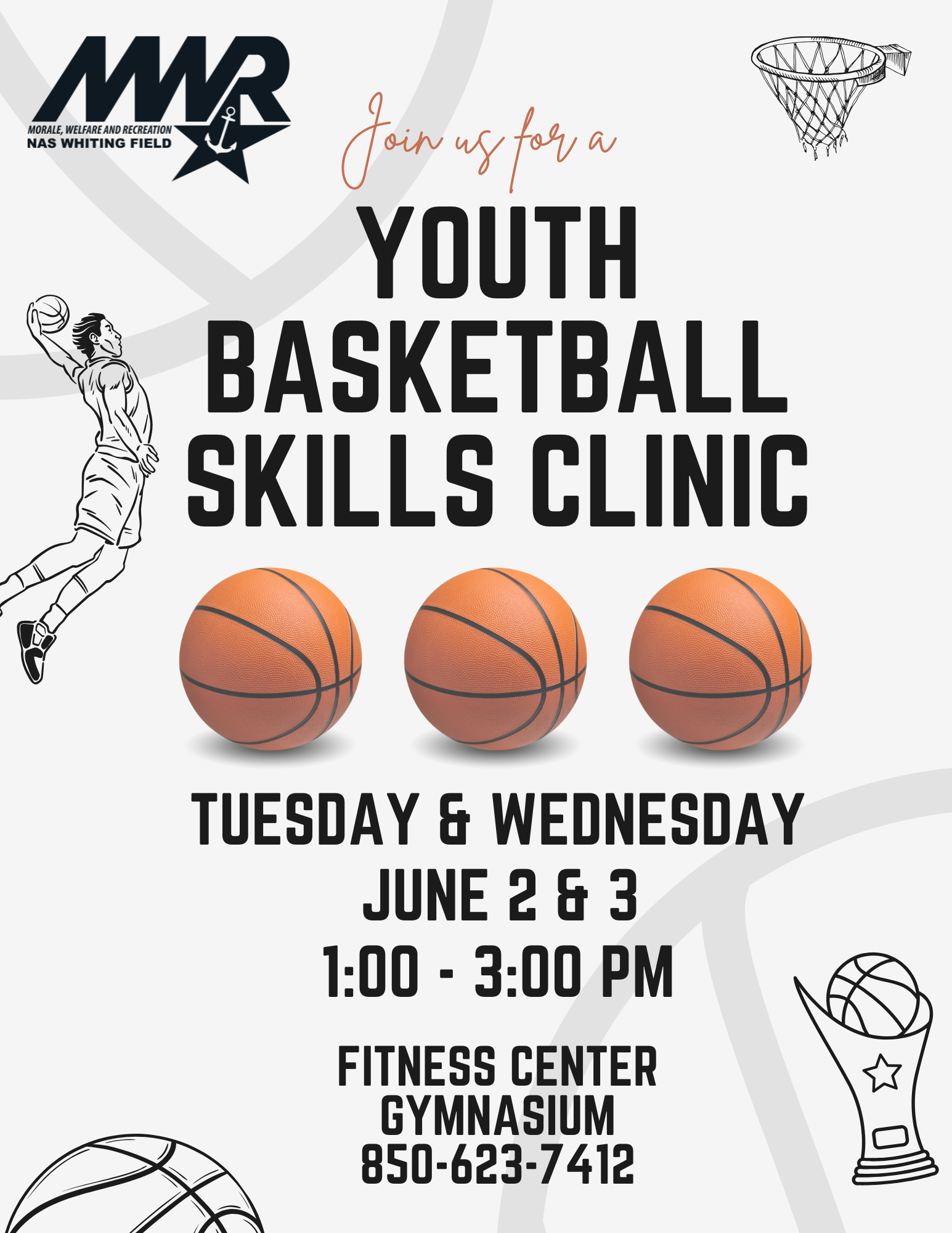 White background with 3 basketballs at center of page, promoting a 2-day Youth Basketball Clinic, Tuesday and Wednesday, June 2 and 3. Includes logo branding.