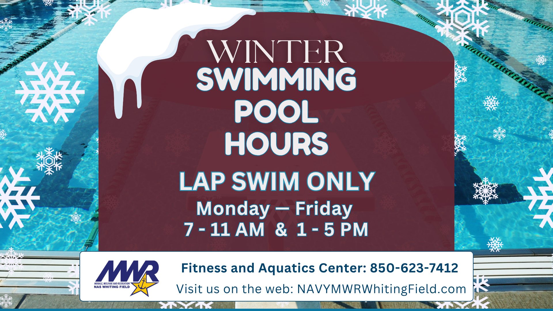 Graphic for Winter Swimming Pool Hours. Features a swimming pool in the background with clipart snowflakes and snow.