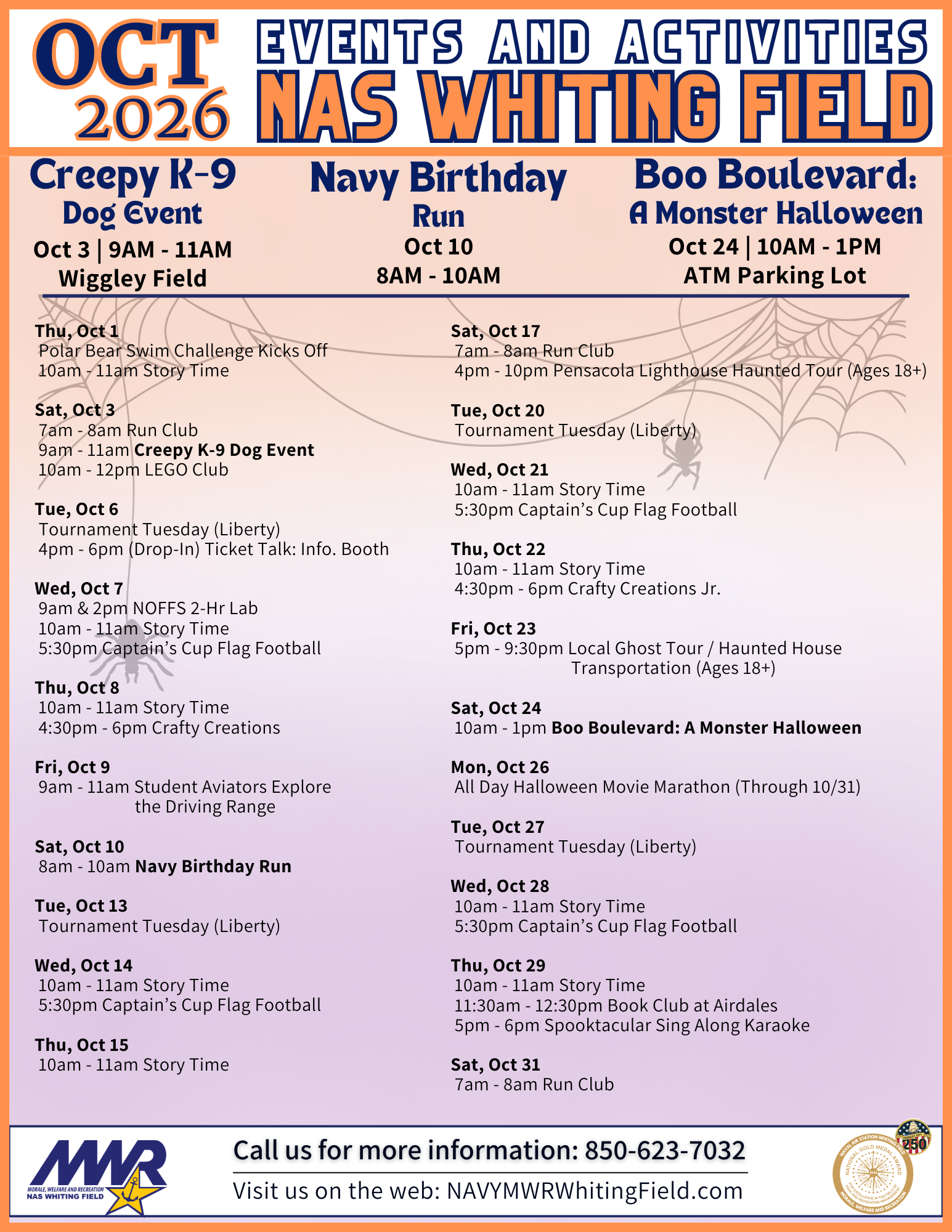 MWR Event Calendar for October 2026, with a halloween theme of orange, purple and blue hues and spiders hanging from a web. Branding at the bottom.