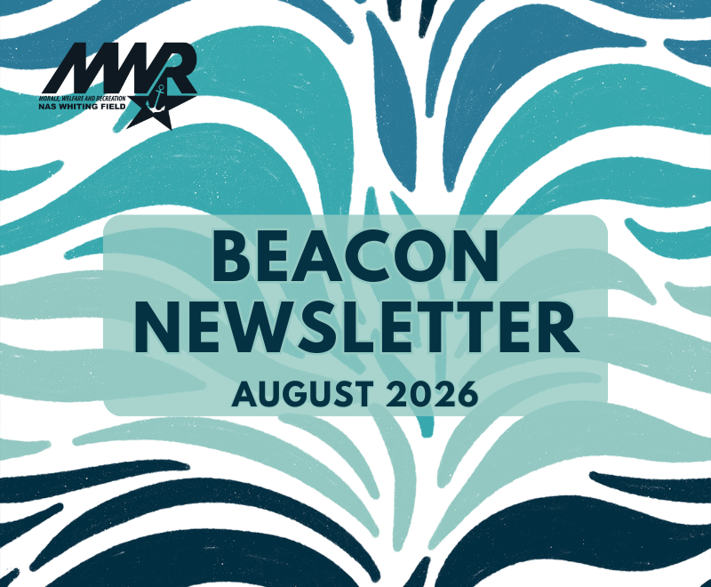 Image has a background of wavy lines of varying shapes and colors in the blue-green family. Bold text in the middle states "Beacon Newsletter August 2026" in dark lettering. MWR logo at top left.
