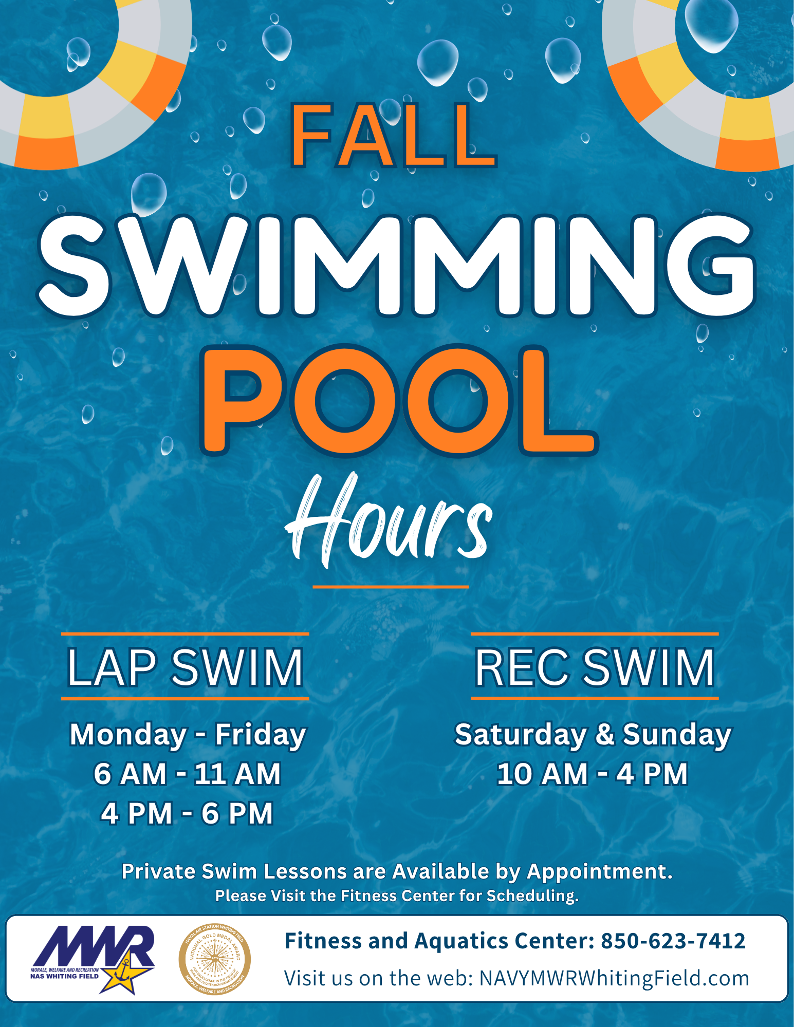 Graphic for fall swimming pool hours. Features an orange, yellow, and white life ring in the top corners. Design background is blue, with a pool water look. Branding at bottom.