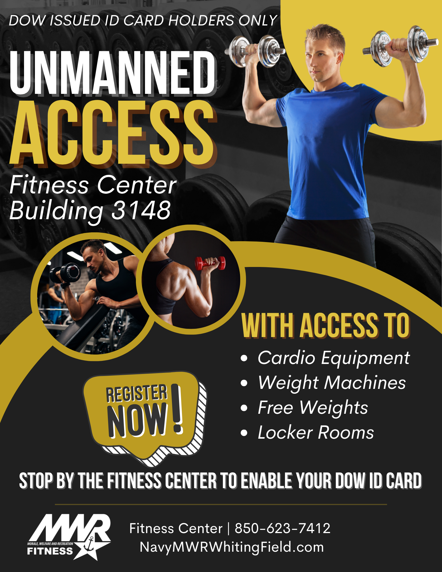 Images of people working out. Text promotes signing up for unmanned access to a Fitness Center. Branding at bottom.