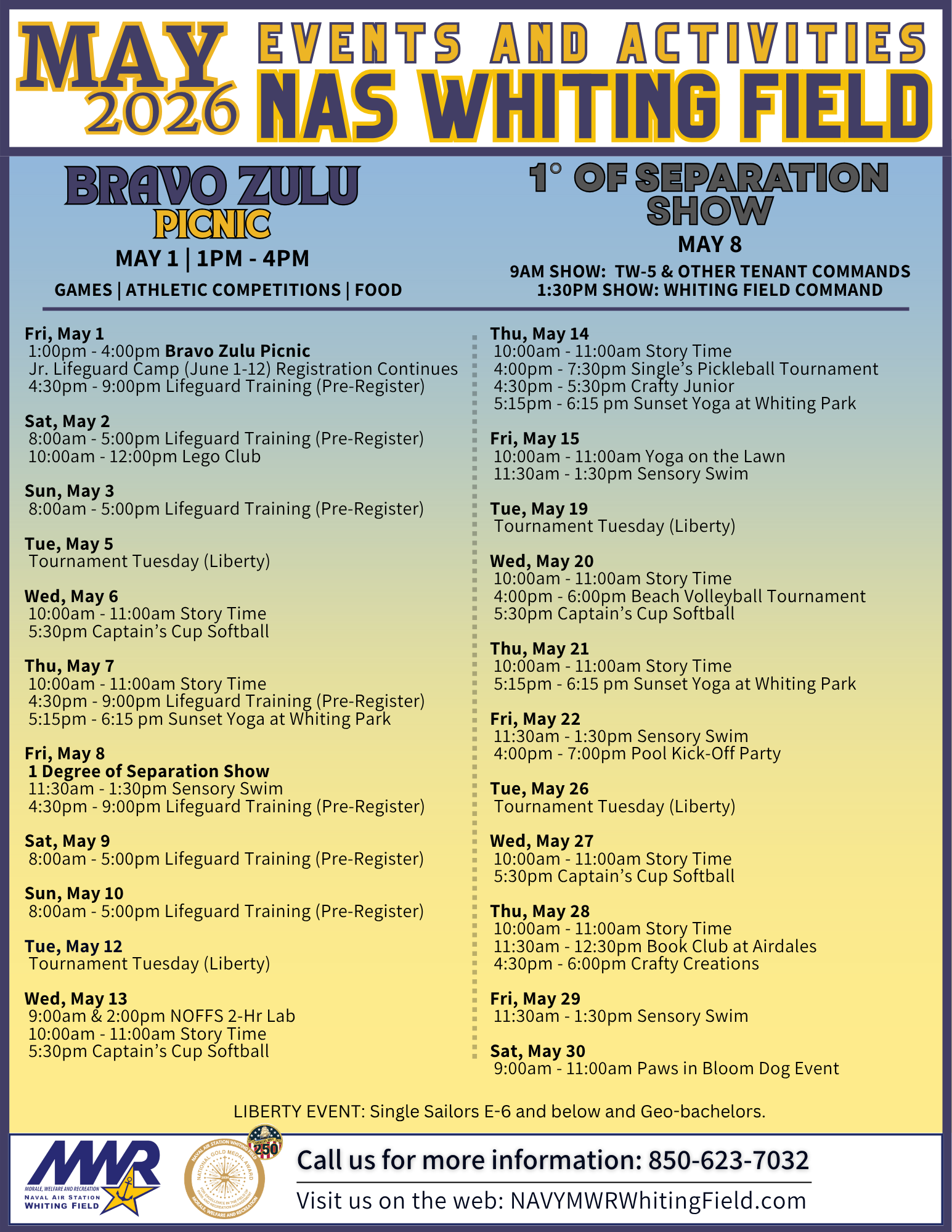 Calendar list of Naval Air Station Whiting Field MWR events taking place in May 2026