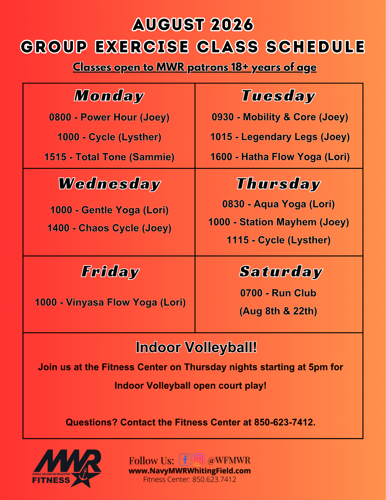 Group exercise class schedule for August 2026 on an orange gradient background. Includes various fitness classes like cycling and yoga, each with duration and focus. MWR Fitness branding at the bottom. Group exercise class schedule for August 2026 on an orange gradient background. Includes various fitness classes like cycling and yoga, each with duration and focus. MWR Fitness branding at the bottom.