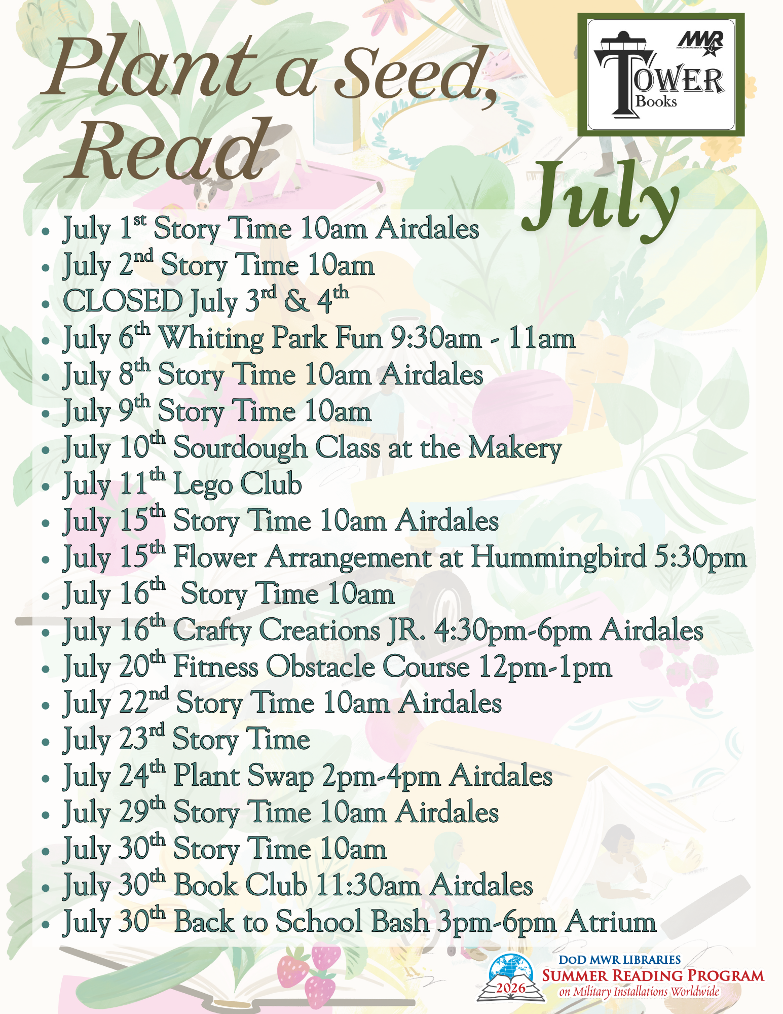 Prominently displayed is a listed calendar of events for July with large brown letters at the top of the page that read "Plant a seed, read". The background is a faded out garden scene with books and miniature animals and people. Includes branding with logos.