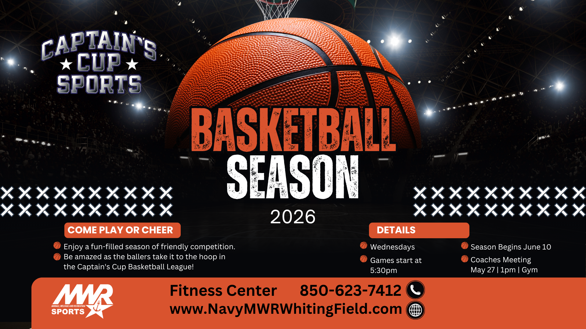 A shadowy basketball is centered with an aged-look text overlayed. Dark background with small shiny bright lights. Color theme is black, white, and orange. Branding on bottom.