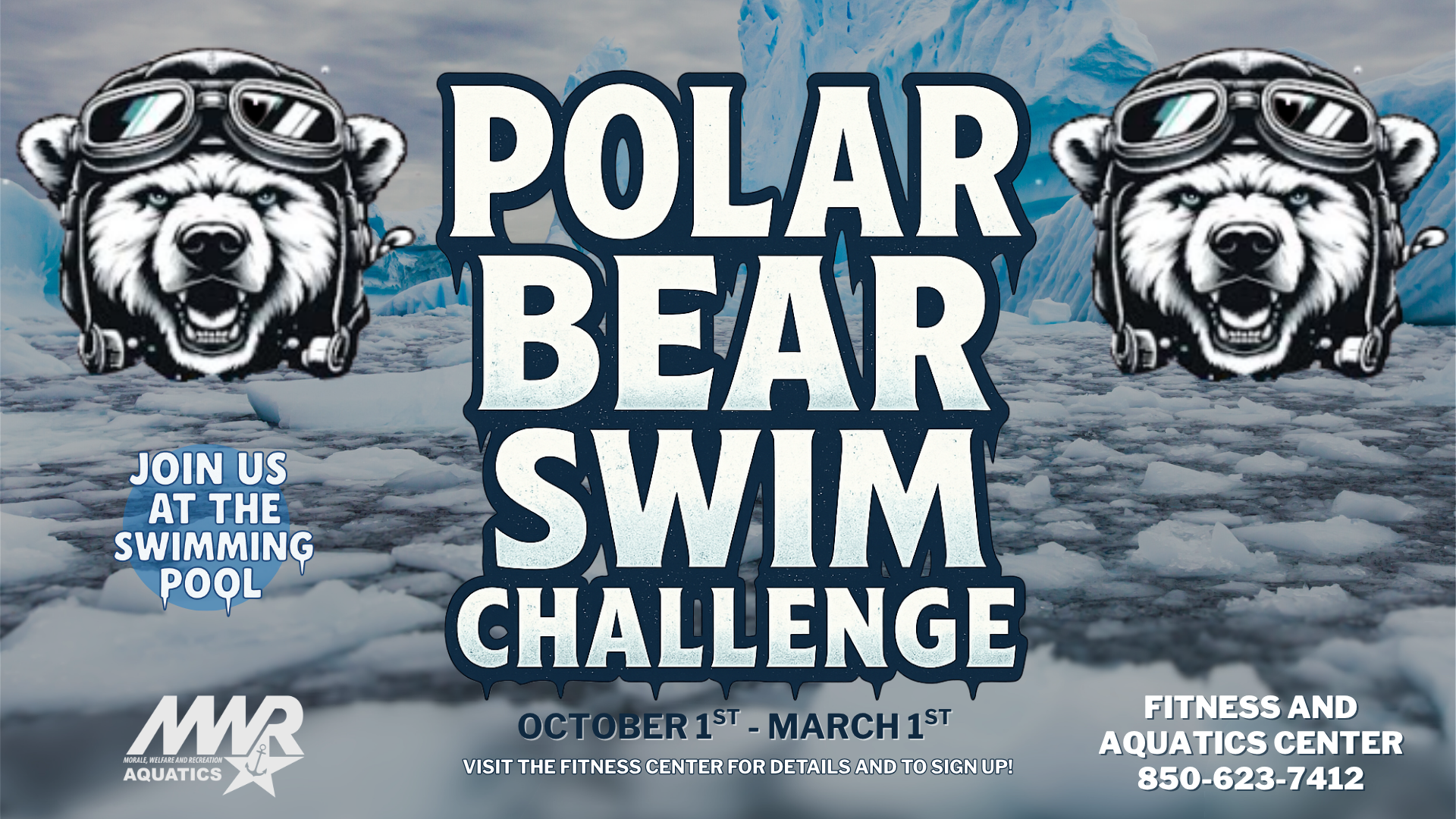 Promotional poster for a Polar Bear Swim Challenge, featuring two goggled polar bears, icy water, and bold event details for October 1–March 31.